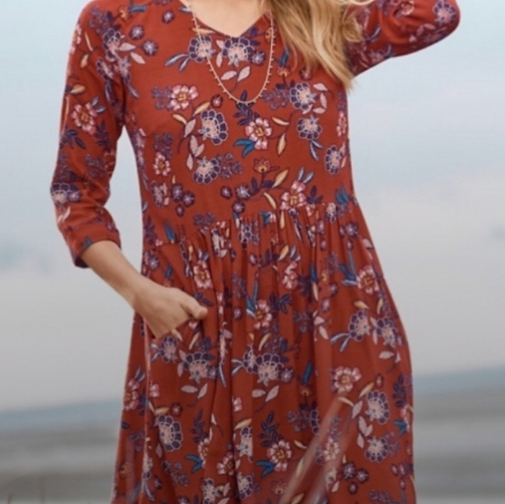 Garnet Hill Drop Waist Rust Orange Flower Boho Print Coastal Knee Length Dress12